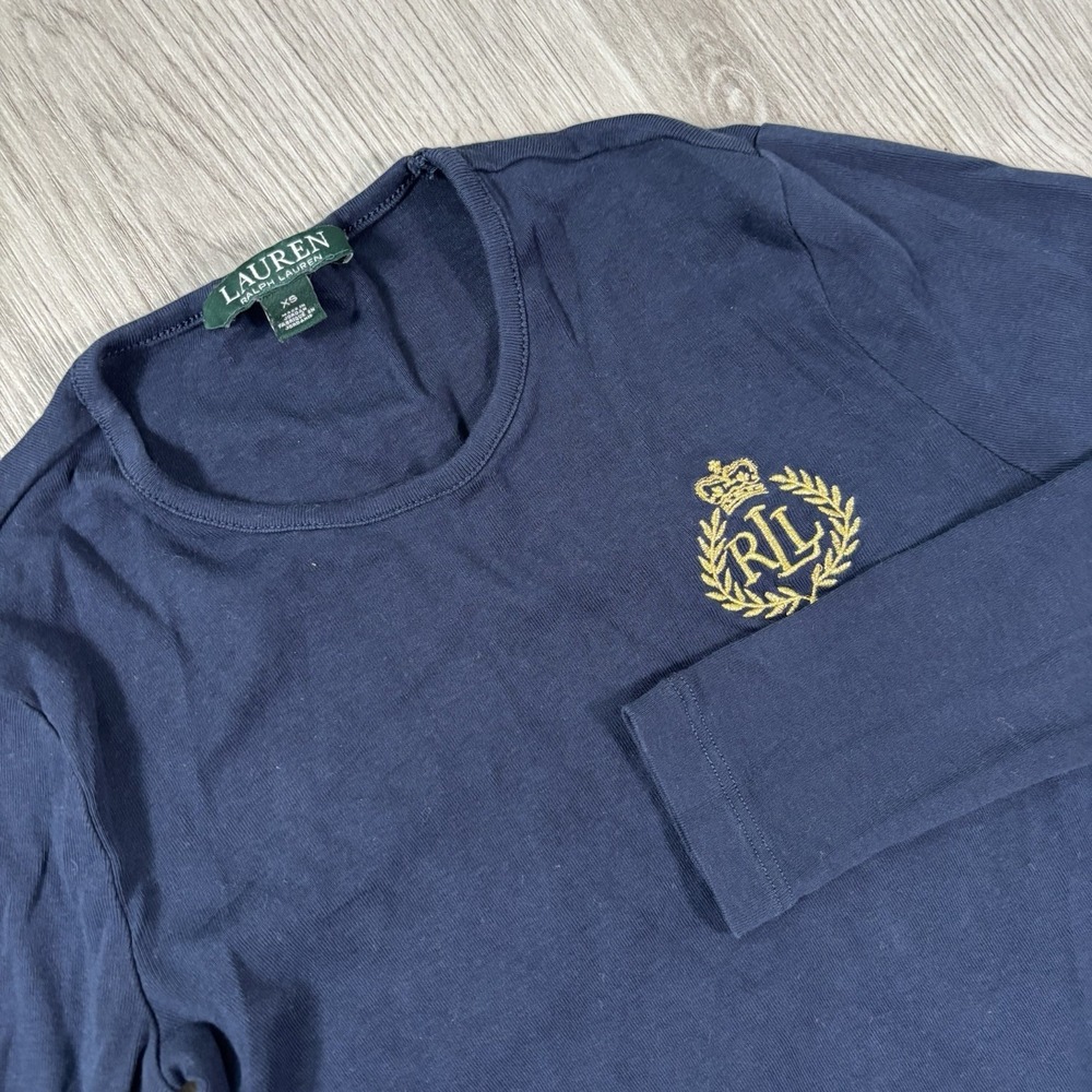 Lauren Ralph Lauren Women's XS Cotton Long Sleeve Navy Blue Shirt Gold Crest